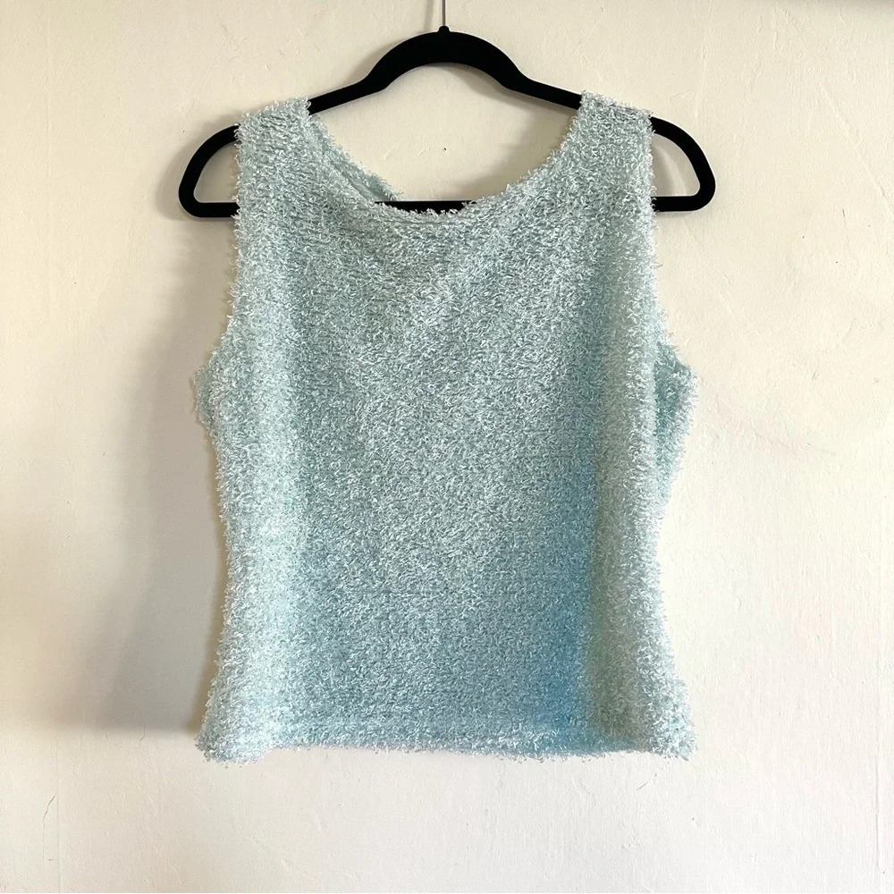 Vintage Y2K Fuzzy Tank Top Size L Baby Blue Eyelash Textured Sleeveless Cami